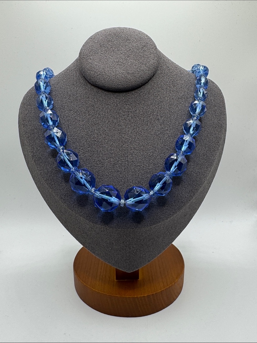 Vintage Art Deco Style Blue Faceted Glass Statement Necklace - 1920s 1930s